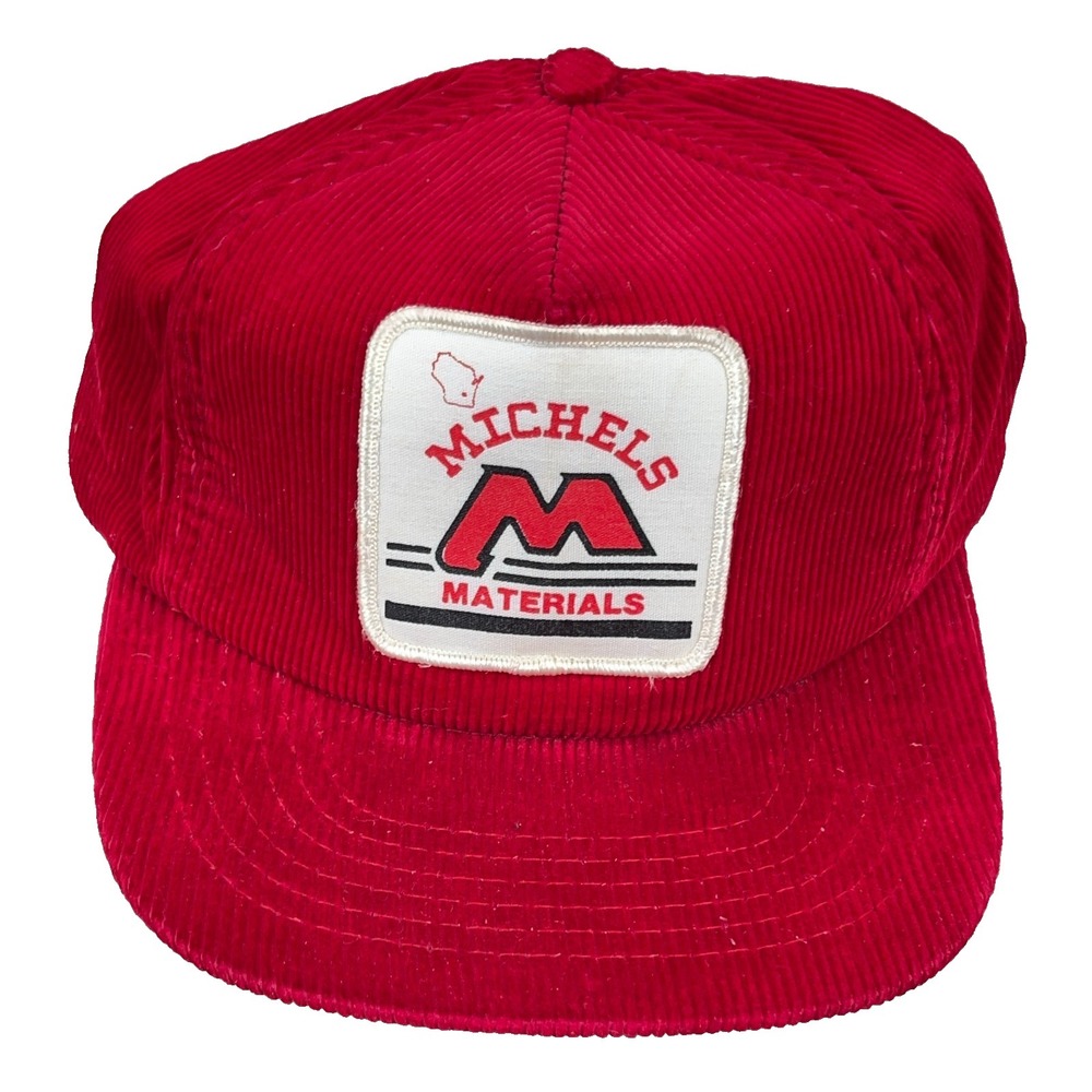Vintage‎ Corduroy Trucker Hat Cap Snapback Patch 80s 90s Red Michels Materials